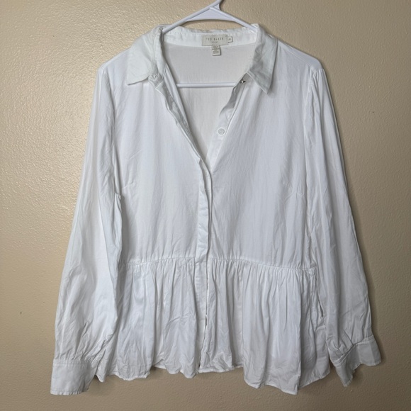 Ted Baker Shirt Women's 3 White Button Up Long Sleeve Cannon Gathered Peplum - Picture 2 of 10